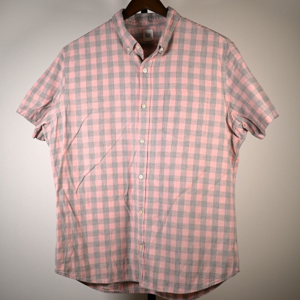 GAP Mens XL Pink Grey Buffalo Check Plaid Short Sleeve Button Down Cotton Shirt